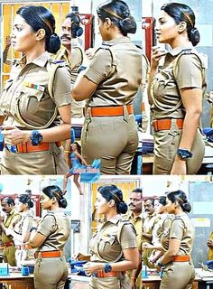 two pictures of women in uniform talking to each other and one has her hand on her hip