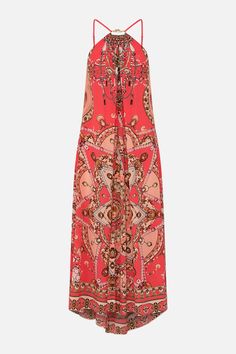 a red dress with an intricate print on the front and back, it has spaghetti straps