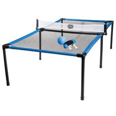 the ping pong table is set up with two ping pong balls on it