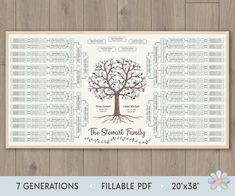 a family tree with the names and dates for each member in it on a wooden background