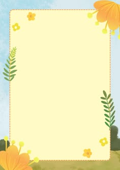 an image of a paper with flowers and leaves on the bottom right corner, in front of a blue sky background