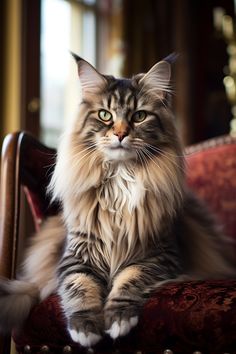 Photography of a maine coon cat proudly sitted in an interior setting. Sleepy Kitty, Cat Purr, Cat Picture, Cat Reference, Norwegian Forest, Forest Cat, Norwegian Forest Cat