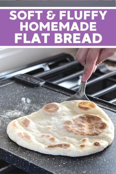 soft and fluffy homemade flat bread is being prepared on the stove with a spatula