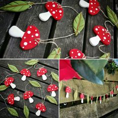 some red and white mushrooms are hanging from string