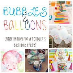 balloons and confetti for a toddler's birthday party with the words bubbles & balloons