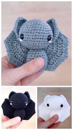 crocheted elephant head with eyes and ears is shown in three different pictures, including one