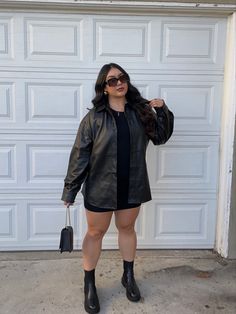 Outfit With Leather Shacket, Midsize Outfits All Black, All Black Outfits For Women Midsize, Black Dress Black Leather Jacket, The Weeknd Concert Outfit Plus Size, Leather Jacket Outfits Women Plus Size, Oversized Leather Jacket Outfits Plus Size, Oversized Leather Shacket Outfit, Going Out Outfits Leather Jacket