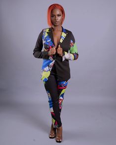 This Pop Art Blazer Set features a shawl lapel blazer with a double-breasted front and a single button closure followed by matching straight-leg pants. Top: Single-button closure Bottoms: Elastic at the back Front Side Pockets Fabric: 97% Polyester 3%spandex Lining:100% Polyester Print Pant, Lapel Blazer, Blazer Set, Pant Set, Printed Pants, Straight Leg Pants, Leg Pants, Double Breasted, Pants Set