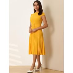 This dress can be a perfect addition to almost any outfit for daily wear, great for work, meetings, weddings, offices, businesses, parties, cocktails, casual, everyday dressing, etc. Pair with flat shoes or high heels for an elegant office look. Comfortable and versatile, this dress is perfect on its own or as a layer under a blazer. Dresses Yellow, Work Meetings, Pleated Dresses, Elegant Office, Casual Everyday, Yellow Dress, Flat Shoes, Pleated Dress, Cap Sleeve