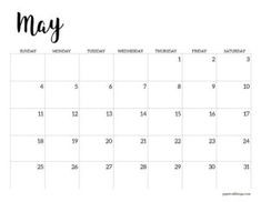 the may calendar is shown in black and white, with watercolor lettering on it