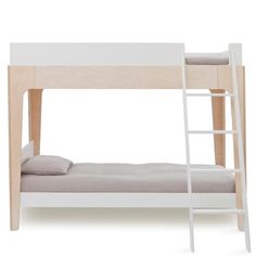 a white bunk bed with a ladder on the bottom and mattress below it, against a white background