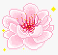 a pink flower with yellow stamens is shown in pixel art style on a white background