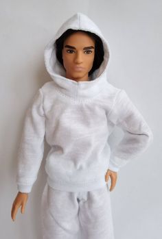 "Sports doll outfit Ken Hoodie - fastens on the back with velcro, double hood Сports pants without pockets, with elastic at the waist and hems. Designed to fit the \"Original\" size Ken Fashiinistas and BMR 1959 Ken  The doll and shoes are not included.  Made in a home without smoke and pets. Save on shipping with the purchase of several items. Shipping takes about 2-4 weeks.  Thanks for looking." White Stretch Tracksuit For Winter, Winter White Stretch Tracksuit, White Hooded Tracksuit For Fall, White Cotton Tracksuit With Drawstring Hood, White Cotton Hoodie Tracksuit, White Cotton Tracksuit With Hoodie, Male Doll Clothes, Pink Knit Dress, Classic White Dress