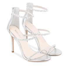 Bianca Silver Crystal and Pearl Studded Leather Heels Heels For Prom White, Silver Glitter Heels Prom, White Glitter Heels, Silver Heels Prom, High Heels For Prom, Silver Glitter Heels, Silver Strappy Heels, Prom Outfit, Heels Prom