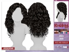 the front and back view of a wig with long curly hair on display in an advert