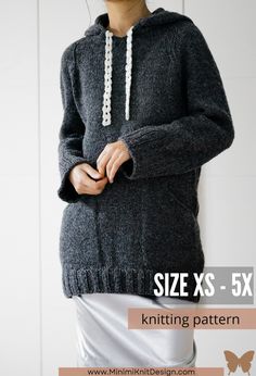 a woman wearing a sweater and skirt with the text size xs - 5x knitting pattern