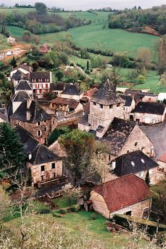 an aerial view of a village in the country side with trees and rolling hills behind it