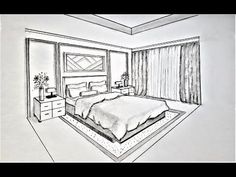 a drawing of a bedroom with a bed and nightstands in the corner next to each other