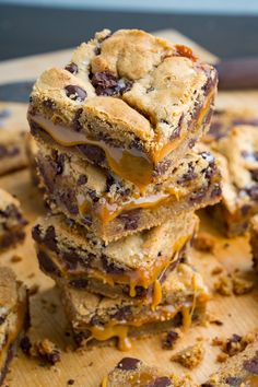 chocolate chip cookie bars stacked on top of each other