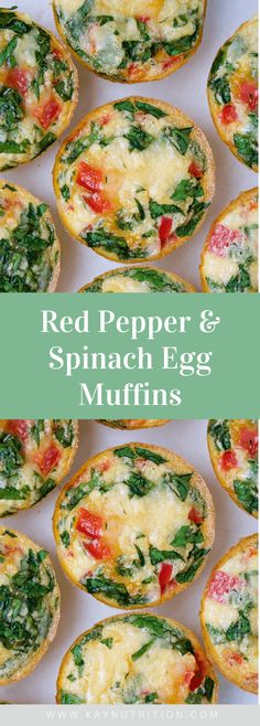 red pepper and spinach egg muffins with text overlay that says red pepper and spinach egg muffins