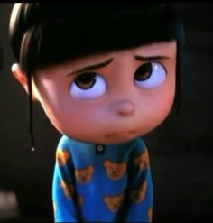 an animated character with big blue eyes and black hair, wearing a bear print shirt