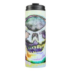 a water bottle with a skull painted on it