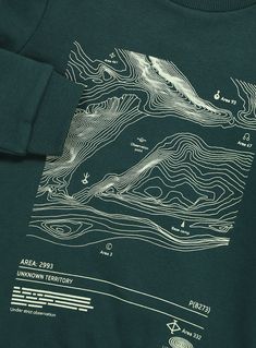 a green t - shirt with an image of mountains and lakes on the front in white ink