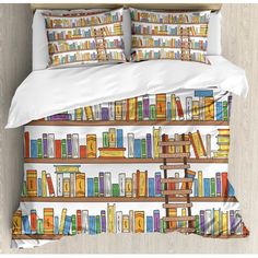 a bed with bookshelves and pillows on it