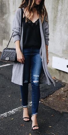 Outfits With Grey Cardigan, Long Cardigan Outfit, Cardigan Fall Outfit, Trendy Party Outfits, Tops Fall Outfits, Long Grey Cardigan, Outfit Cardigan, Maxi Cardigan