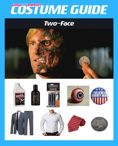 the costume guide for two - face is displayed in front of a blue background with an image of a man's face