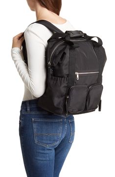 A modern backpack with padded straps and multiple pockets ensure your essential gear is secure when you're on the go. 11"W x 13 1/2"H x 7 1/4"D; 37 3/4" strap drop Textile Imported Back To School Nylon Backpack With Zipper, Modern Nylon School Backpack, Everyday Nylon Backpack With Zipper, Nylon Backpack With Zipper For Everyday Use, Nylon Backpack With Zipper Closure For Everyday Use, Sporty Nylon Backpack With Multiple Pockets, Trendy Backpack With Zipper Pocket For Commuting, Trendy Commuting Backpack With Zipper Pocket, Nylon Bags With Multiple Pockets For Back To School