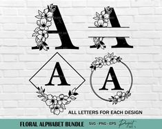 floral alphabets for each letter and monogrammed flowers on a white brick wall