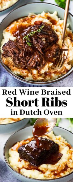 red wine braised short ribs in dutch oven with mashed potatoes and gravy