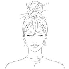 a woman's face with her hair tied in a bun