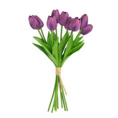 purple tulips are tied up and ready to be used as a flower arrangement