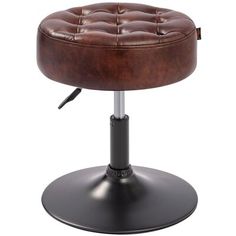 a brown leather stool sitting on top of a black metal base with an adjustable foot rest