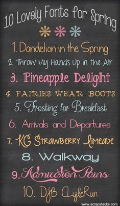 a chalkboard sign with the words 10 lovely fonts for spring written on it