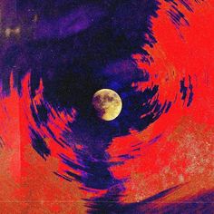 an abstract painting with the moon in the distance and red, purple, and blue hues