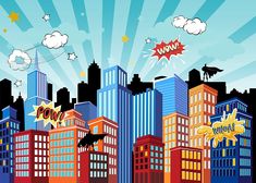 an image of a city skyline with batmans flying in the sky