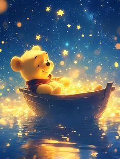 winnie the pooh floating in a boat filled with stars