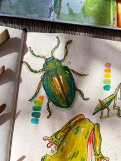 a drawing of two green bugs and one orange beetle on paper with colored pencils