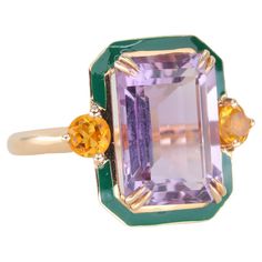 Art Deco Style Enameled 14K Gold Cocktail Ring with Amethyst and Citrine This ring was made with quality materials and excellent handwork. I guarantee the quality assurance of my handwork and materials. It is vital for me that you are totally happy with your purchases. 14K Solid Rose Gold. with hallmark. Weight: -5.85 Grams (It may vary according to the ring size.) Main Stone Details: -6.20 Ct. Amethyst Side-Left&Right Stone Details: -Total 0.80 ct Citrine We design the jewelry you buy specifica Amethyst And Citrine, Generation Z, Gold Cocktail Ring, Gold Cocktail, Pink Zebra, Citrine Ring, Art Deco Style, Ring Collections, Real Diamonds