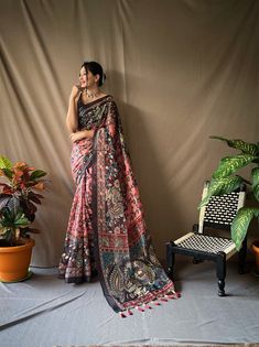 Exquisite Cotton Sarees Enhanced by Kalamkari Digital Printing, Featuring a Striking Contrast Kalamkari Border and Pallu Adorned with Graceful Tassels. Complete with a Complementary Printed Blouse. Saree Length: 5.5 meters Blouse Length: .80 meters PLEASE NOTE: Blouse that model is wearing is only for reference purpose. Kalamkari Prints, Digital Print Saree, Kalamkari Designs, Print Saree, Kalamkari Saree, Blouse Saree, Linen Saree, Contrast Blouse, Work Design