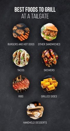 the best foods to grill at a tailgate info graphic on a blackboard background