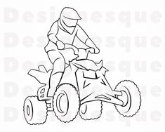 a black and white drawing of a person on a quadbike with the wheels down