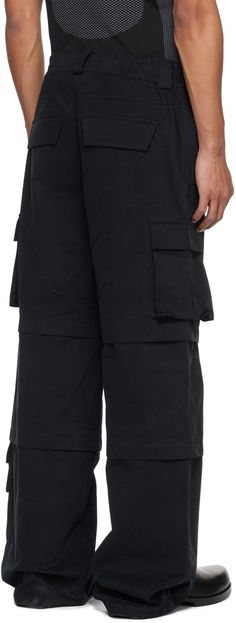 Loose-fit cotton twill cargo pants. · Paneled construction · Belt loops at elasticized waistband · Four-pocket styling · Zip-fly · Embroidered logo at front · Flap pockets at outseams · Logo-engraved silver-tone hardware Supplier color: Black Streetwear Cotton Cargo Pants With Belt Loops, Techwear Cotton Work Pants With Cargo Pockets, Cotton Techwear Work Pants With Cargo Pockets, Techwear Cotton Work Pants With Side Pockets, Cotton Techwear Work Pants With Side Pockets, Utility Cargo Shorts For Streetwear With Hip Pockets, Utility Cargo Shorts With Hip Pockets For Streetwear, Outdoor Cotton Cargo Pants With Belt Loops, Techwear Style Cotton Cargo Jeans For Work