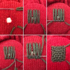 four pictures showing how to crochet an apple with green yarn and needles on it