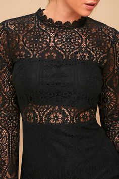 Lulus Exclusive! Satisfy your craving for something sexy with the Lulus Appetite for Seduction Black Lace Long Sleeve Dress! Sheer eyelash lace overlay shapes a mock neckline and long sleeves, while knit lining creates a sexy two-piece look. Darted bodice extends into a curve-loving, bodycon mini skirt. Hidden back zipper. Fit: This garment fits true to size. Length: Mid-thigh. Size small measures 35.5" from shoulder to hem. Bust: Works best for A to C cup sizes - consider sizing up for fuller b Black Lace Long Sleeve Dress, Lace Long Sleeve Dress, Knit Lace Dress, Casual Dresses For Teens, For Wedding Dresses, Cute Casual Dresses, Trendy Blouses, Trendy Blouse Designs, Lace Long Sleeve