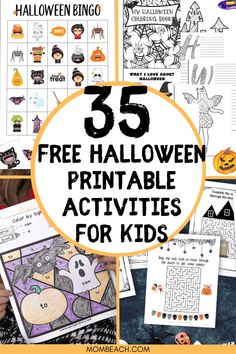 free halloween printable activities for kids with text overlay that reads 55 free halloween printable activities for kids