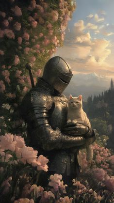 a cat sitting on top of a statue next to a man in armor and flowers